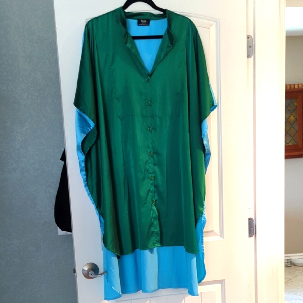 Dressed in LALA Green and Blue Kaftan Kimono